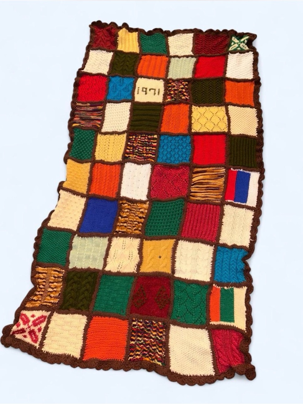 Vintage 1971 Handmade Patchwork Knitted Afghan – Signed Catherine – 60” x 32”